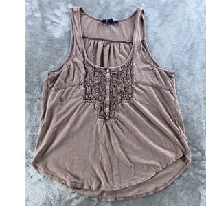 American Eagle Tank Top Womens S Brown Boho Embroidered Henley‎ Y2K Casual